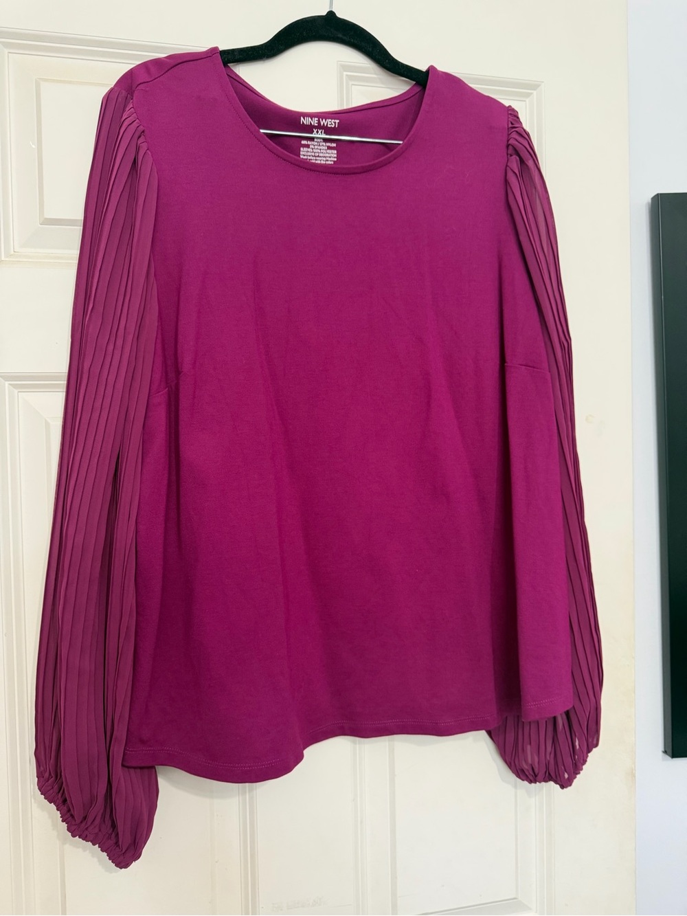 Nine West Magenta Long-Sleeve Pleated-Sleeve Knit Blouse with Sheer Sleeves